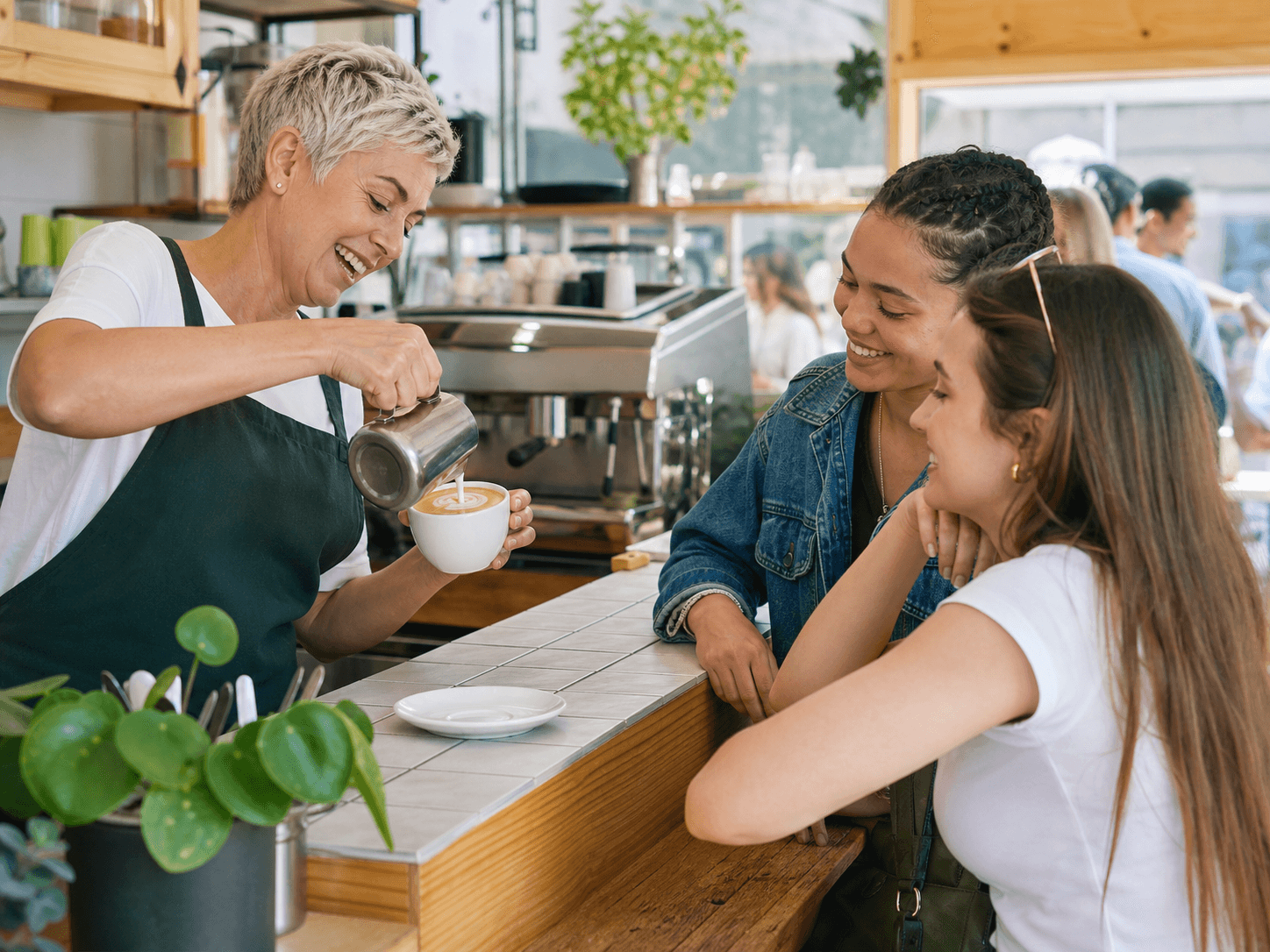 Barista serving customers in a lively coffee shop