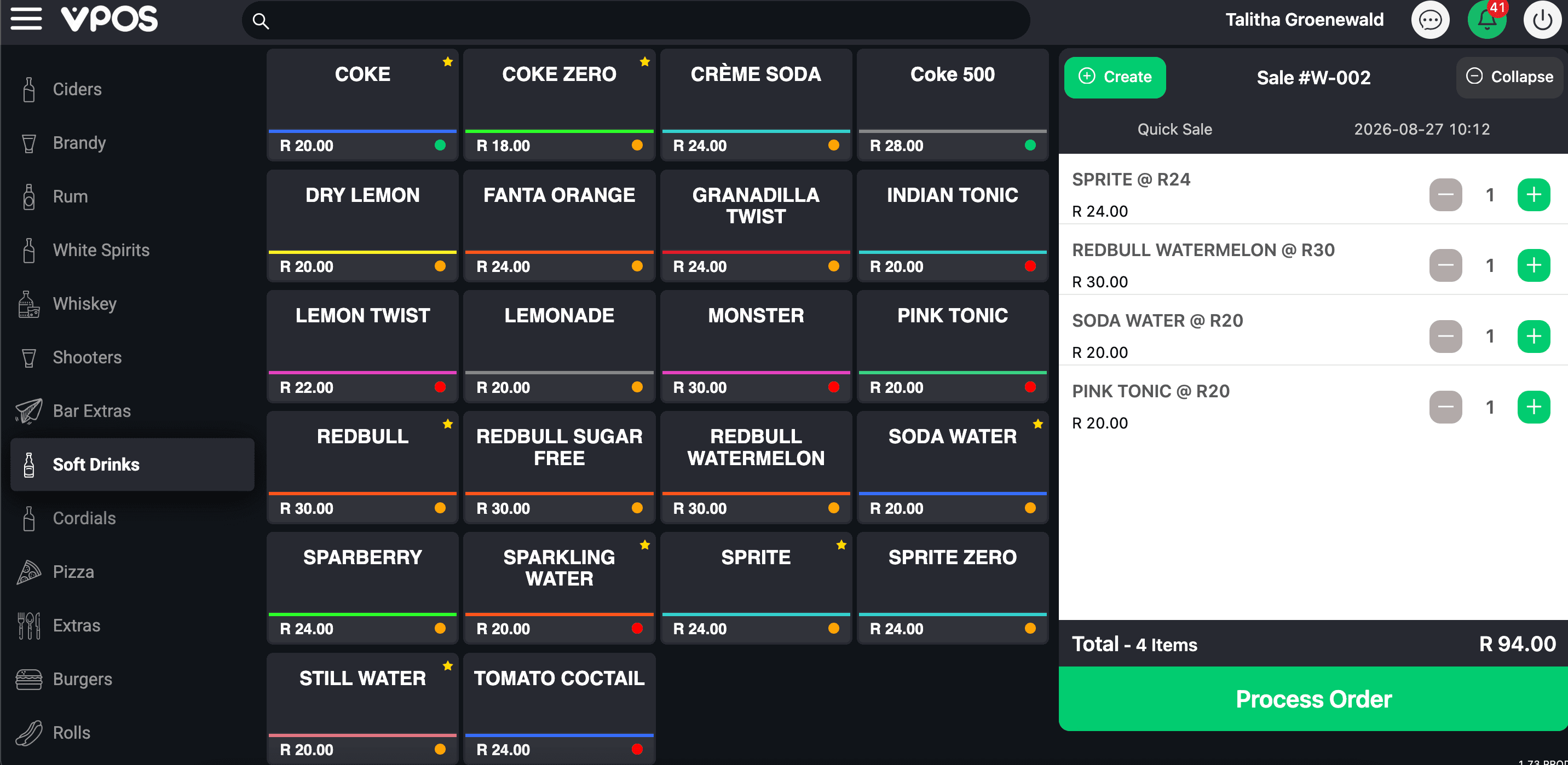 VPOS point-of-sale interface showing a hospitality sale